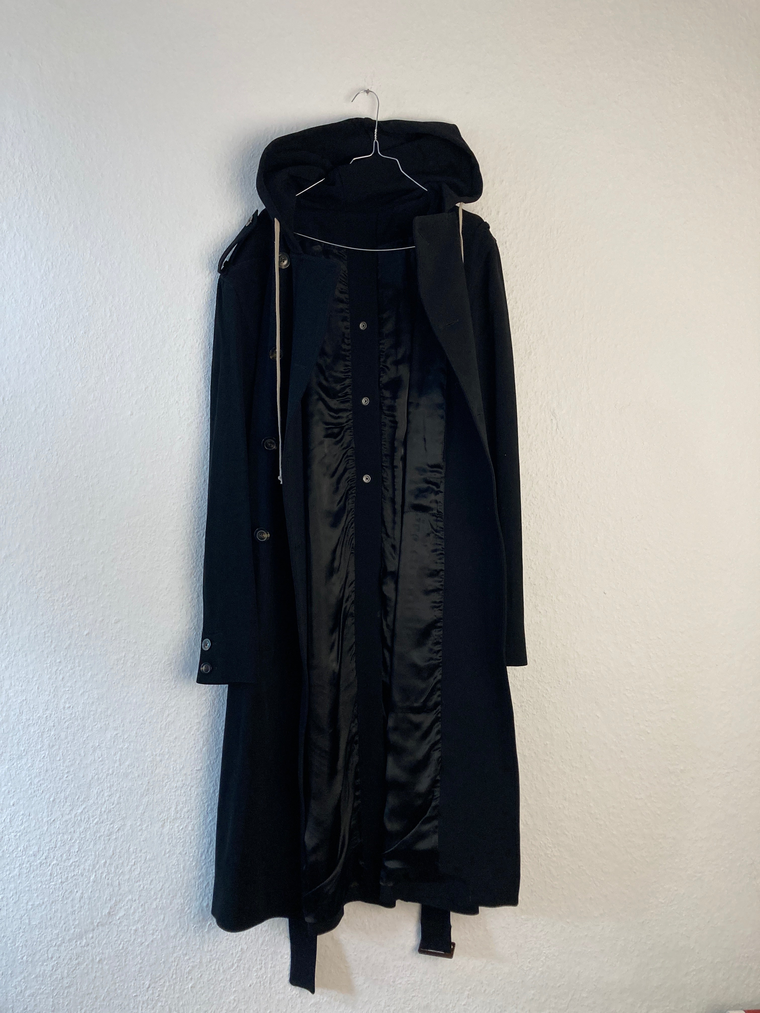 F/W 18 "SISYPHUS" Double-Breasted Hooded Wool & Viscose Trench Coat in Black