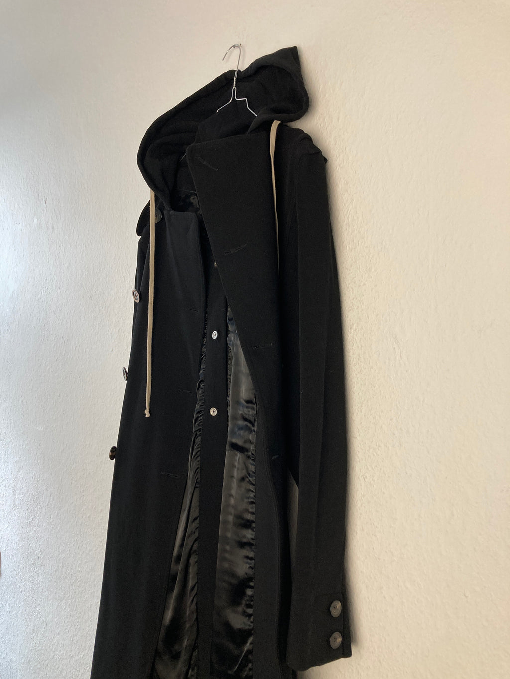 F/W 18 "SISYPHUS" Double-Breasted Hooded Wool & Viscose Trench Coat in Black