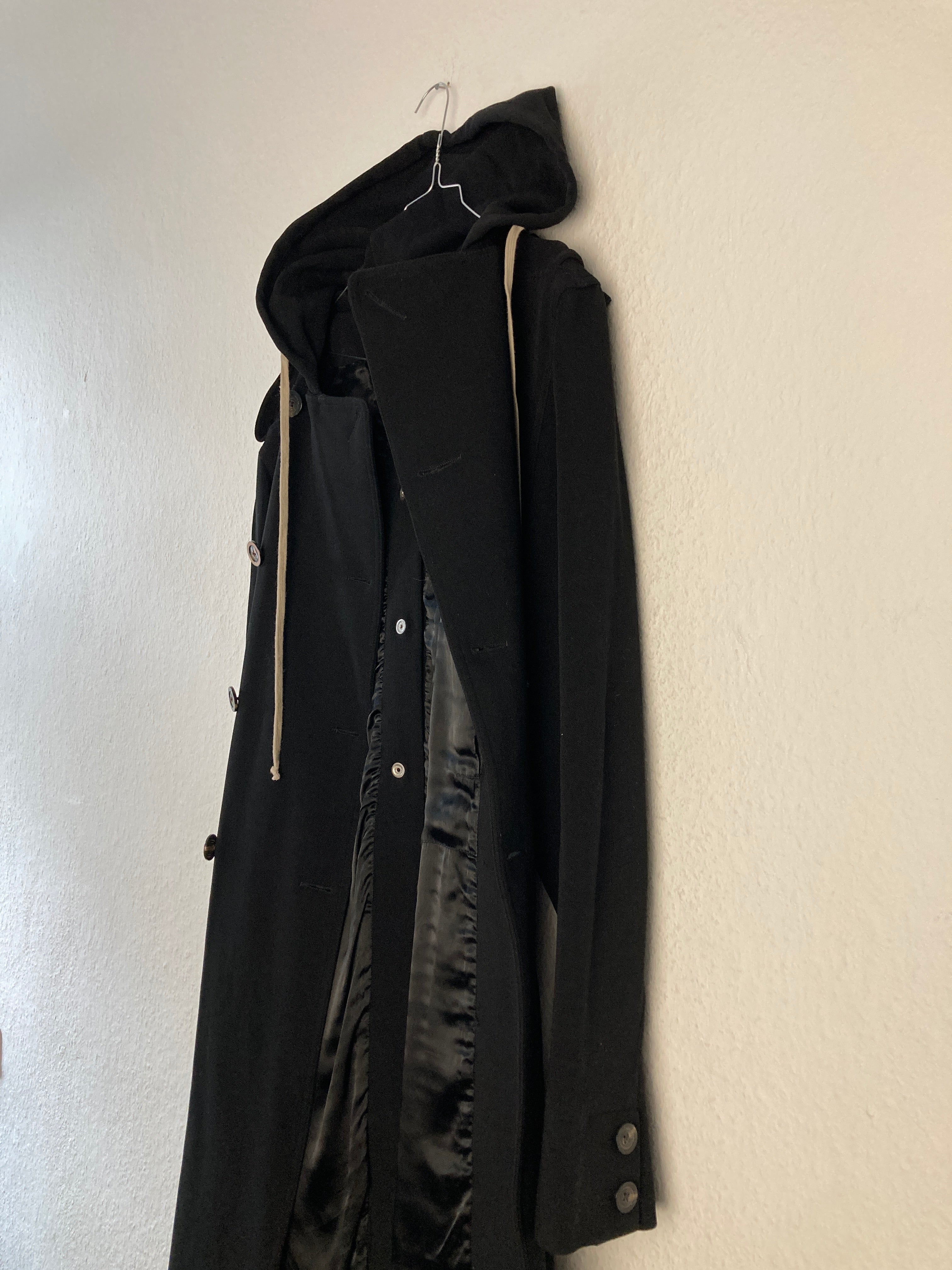 F/W 18 "SISYPHUS" Double-Breasted Hooded Wool & Viscose Trench Coat in Black
