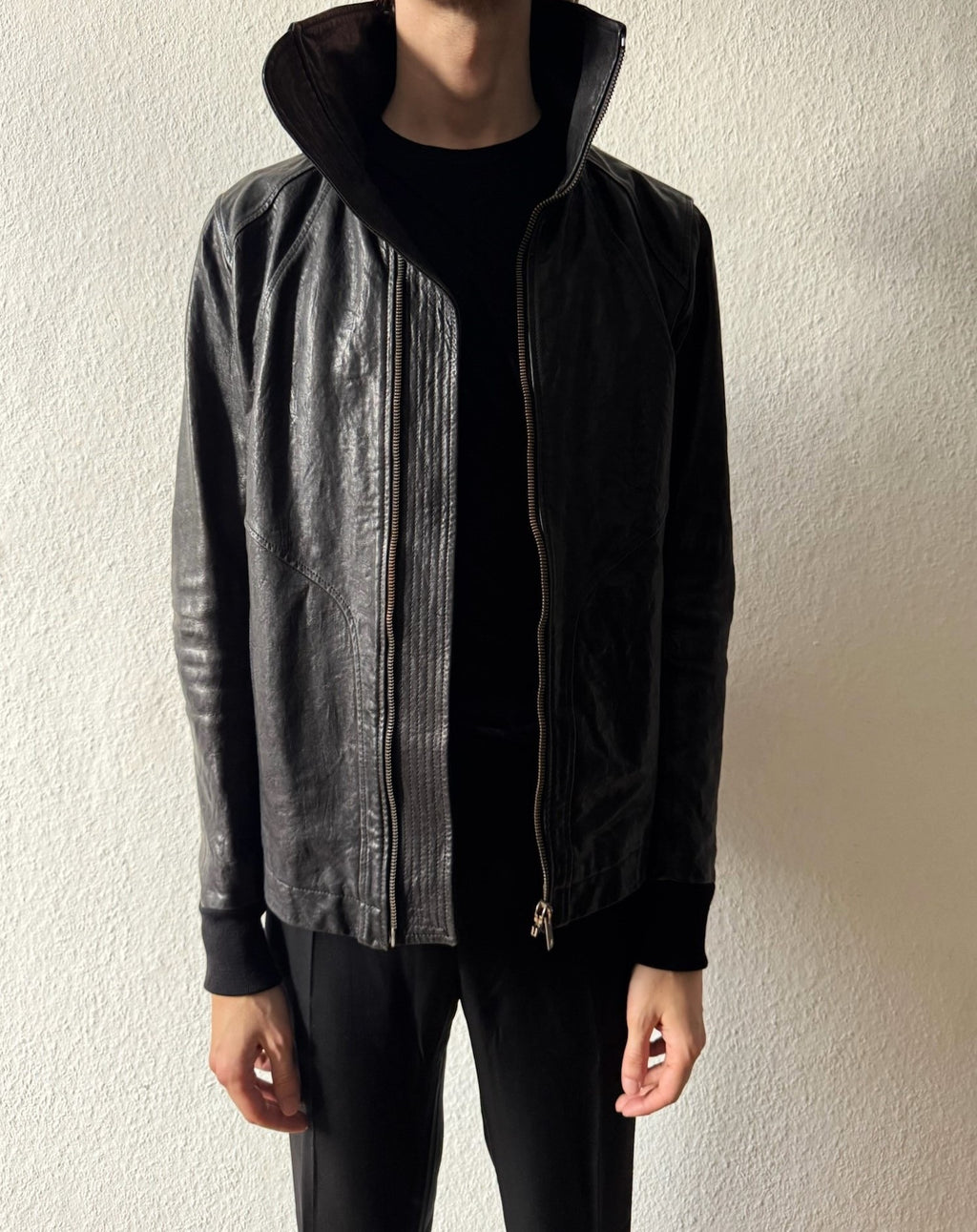 F/W 09 CRUST Hammered Lamb Leather Intarsia High-Neck Jacket in Black