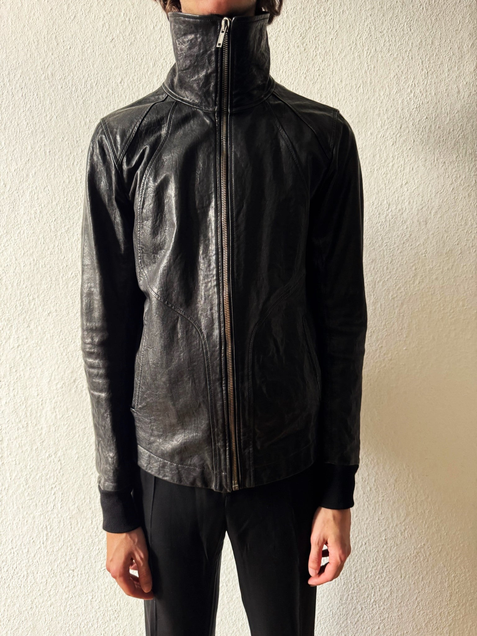 F/W 09 CRUST Hammered Lamb Leather Intarsia High-Neck Jacket in Black
