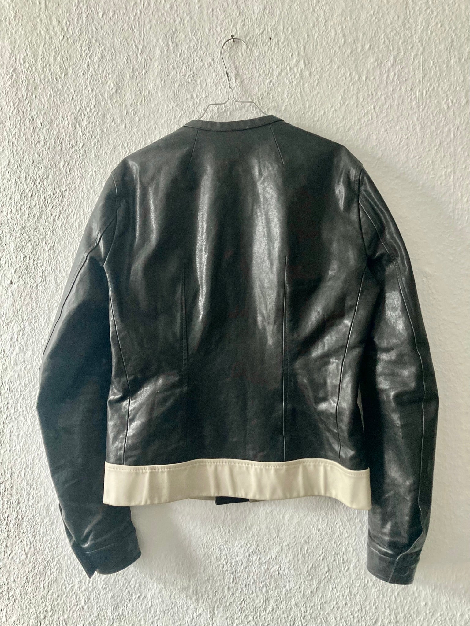 S/S 12 "NASKA" Café Racer Calf Leather Biker Jacket in Black & Pearl Size 50/M