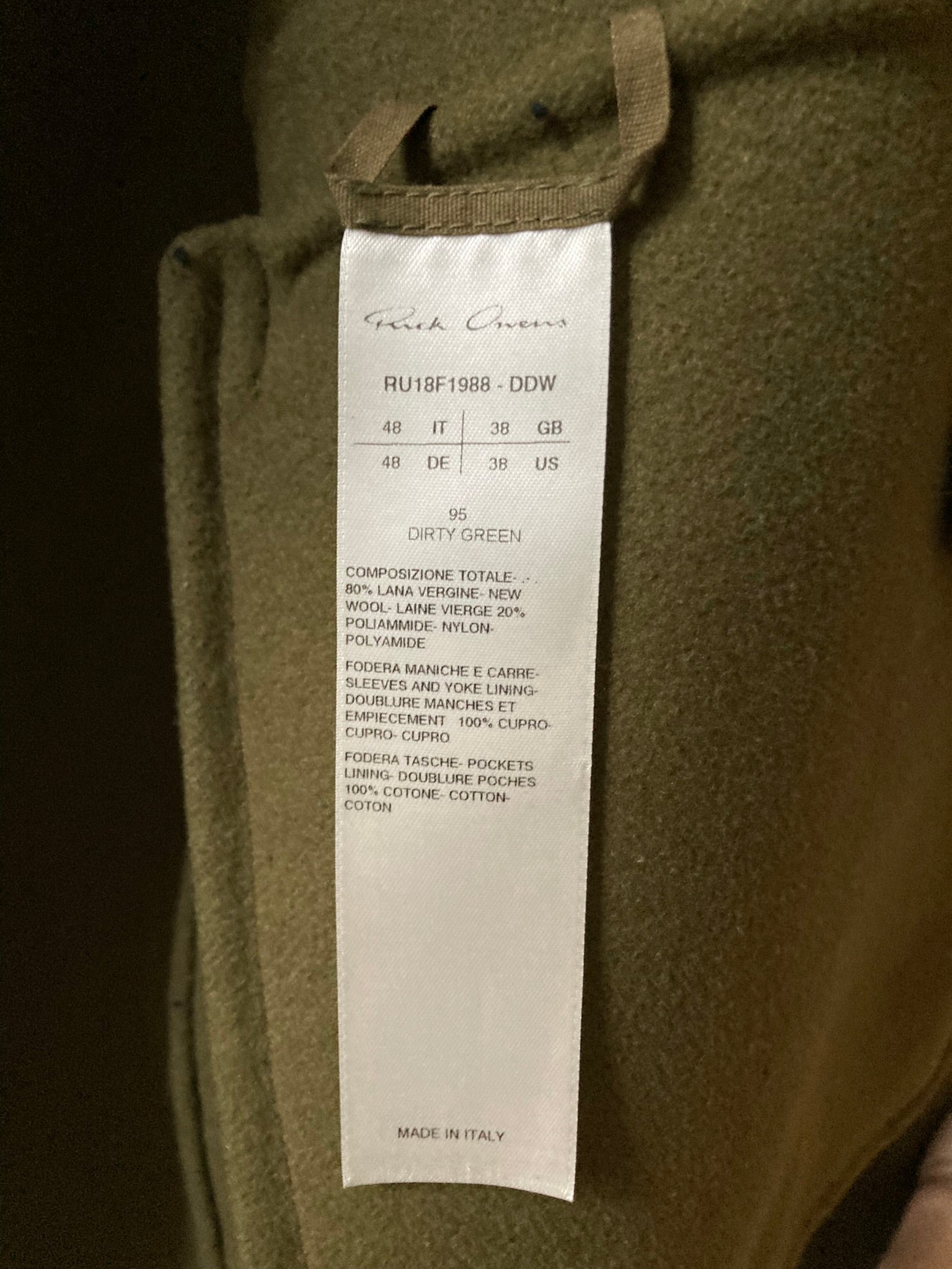 F/W 18 "SISYPHUS" Drella Double-Breasted Wool Coat in Army Green Size 48/M